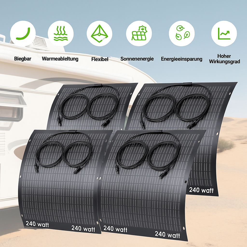 vier Flexibles Solarpanel 960W (4x240W) Mono Solarmodule Für Balkonkraftwerk, Wohnmobil und Camping
