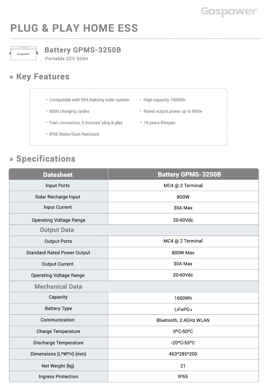 Gospower GPMS-3250B Balkonkraftwerk-Speicher 1,6 kW