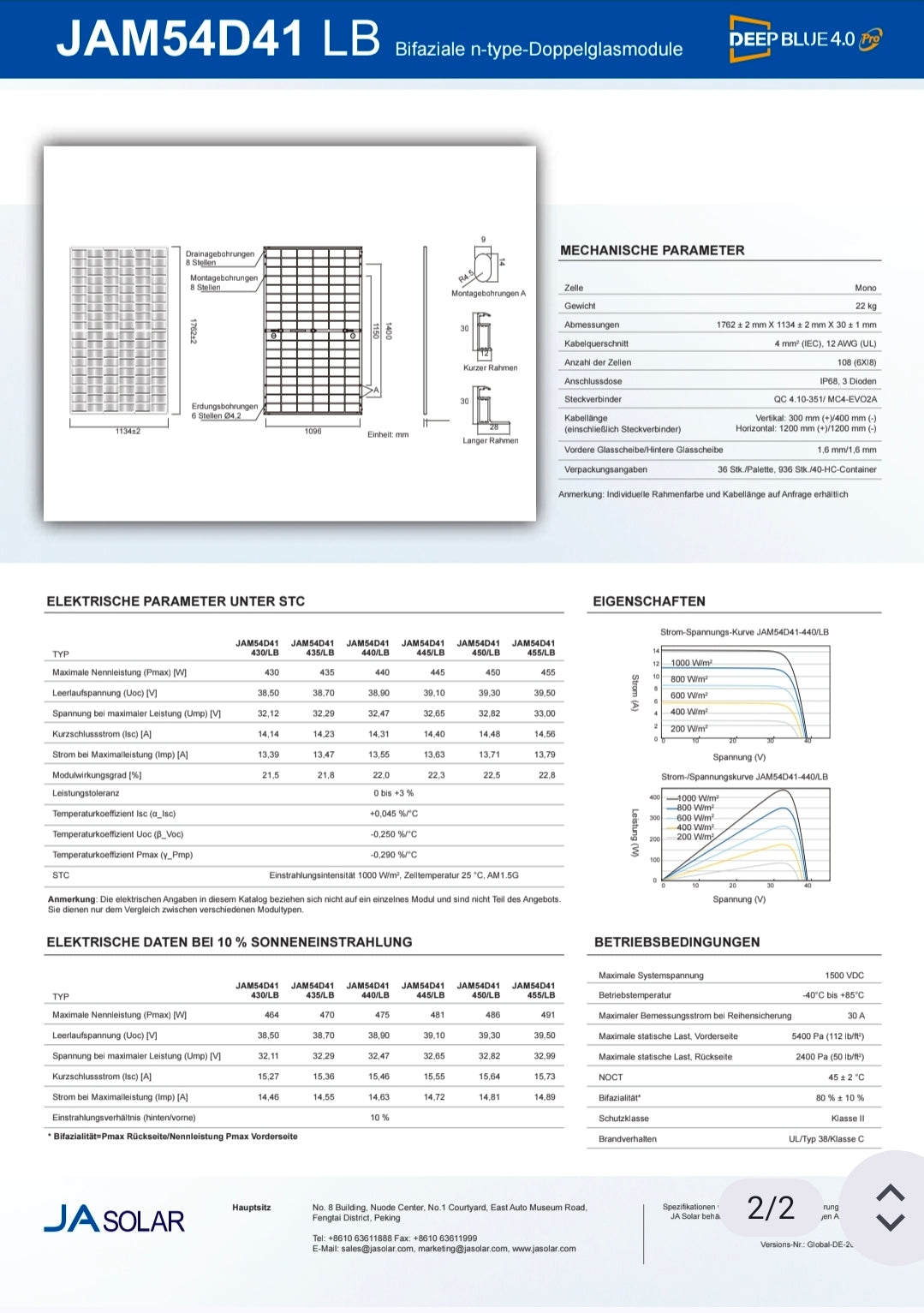 Solarmodul Ja Solar 450W Bifazial Glas-Glas Full Black